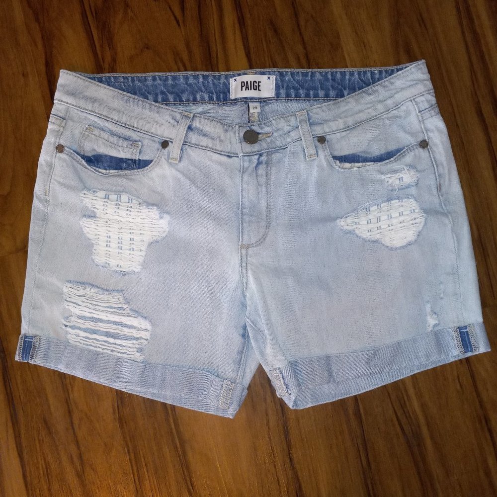 PAIGE Light Wash Distressed Rolled Hem Jean Shorts